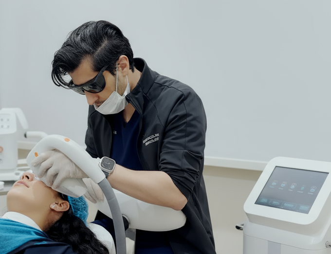 Patient receiving energy-based skin rejuvenation treatment using advanced laser technology at Reveal Clinics Riyadh.