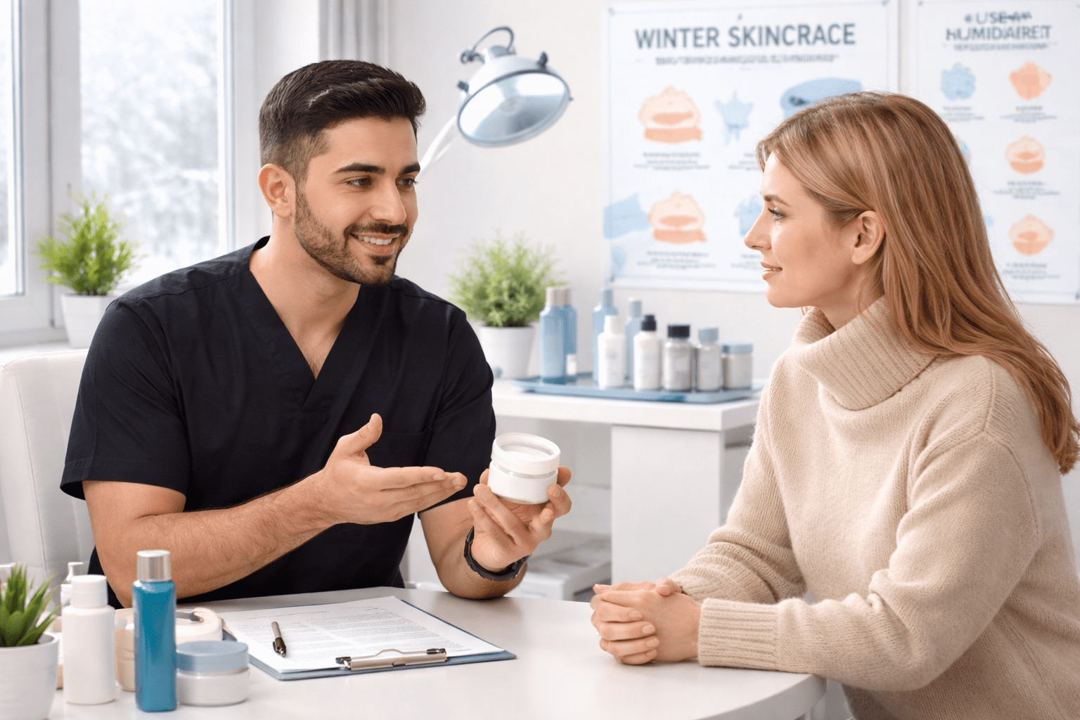 Dermatologist explaining laser treatments during winter in Riyadh