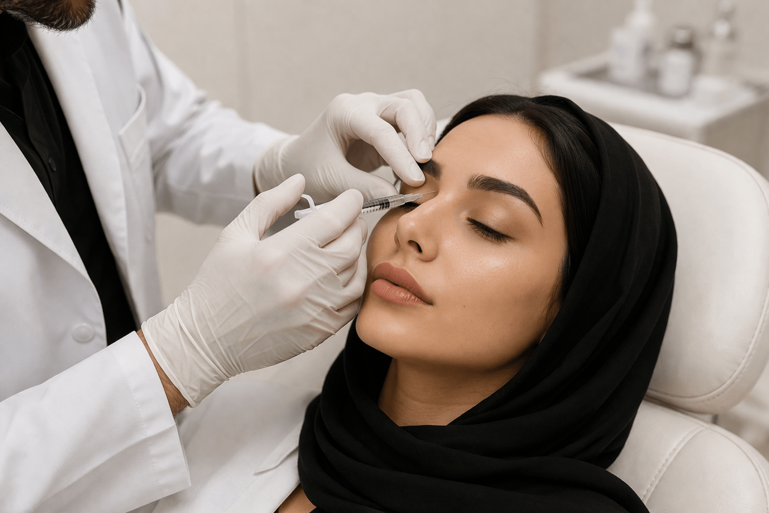 Close-up Botox injection for forehead wrinkles in Riyadh clinic