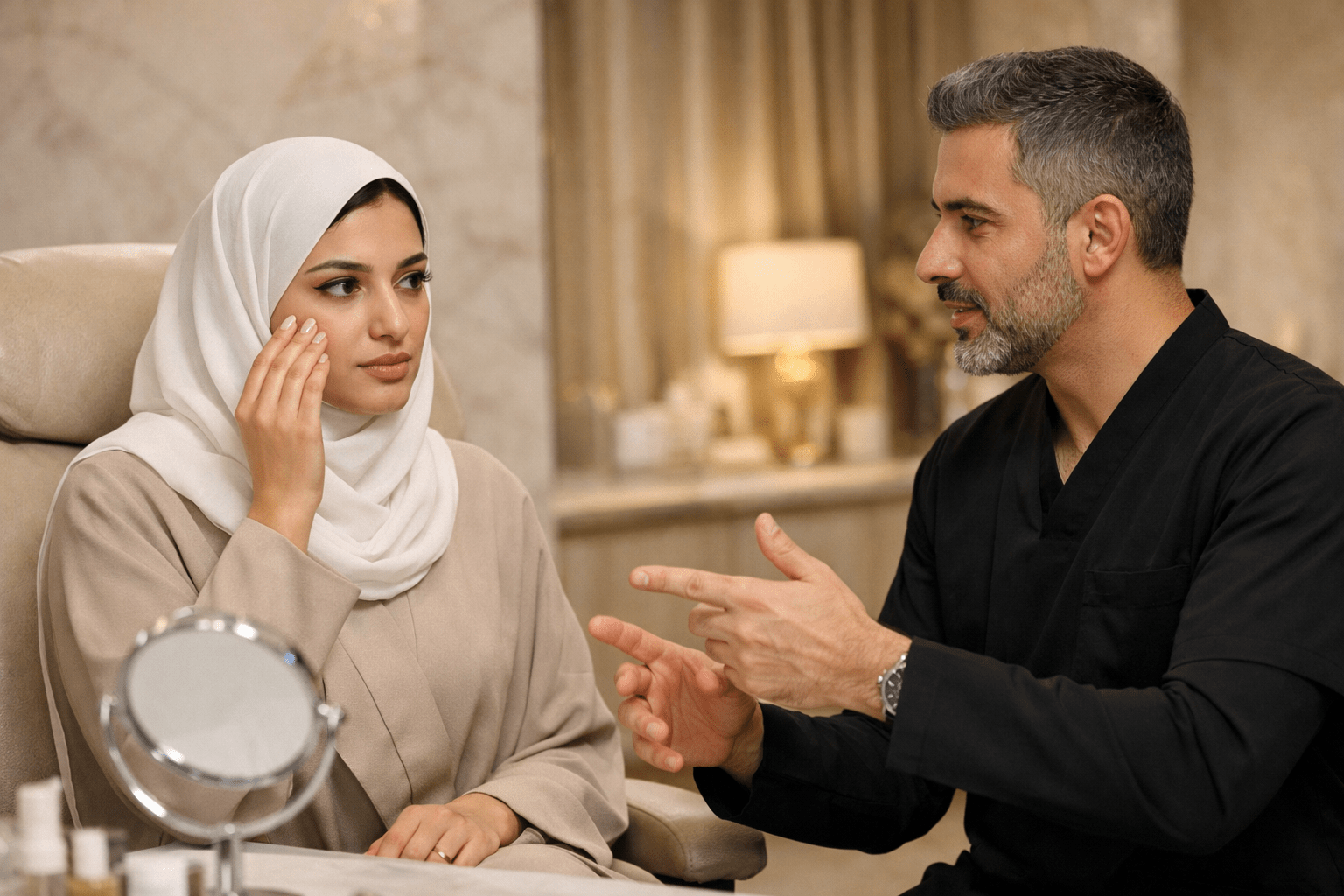 Female patient consulting dermatologist for under eye dark circles treatment in Riyadh