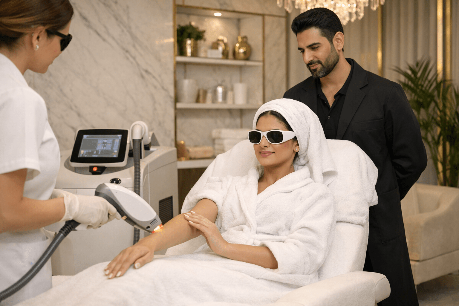 Patient receiving laser hair removal treatment in Riyadh clinic
