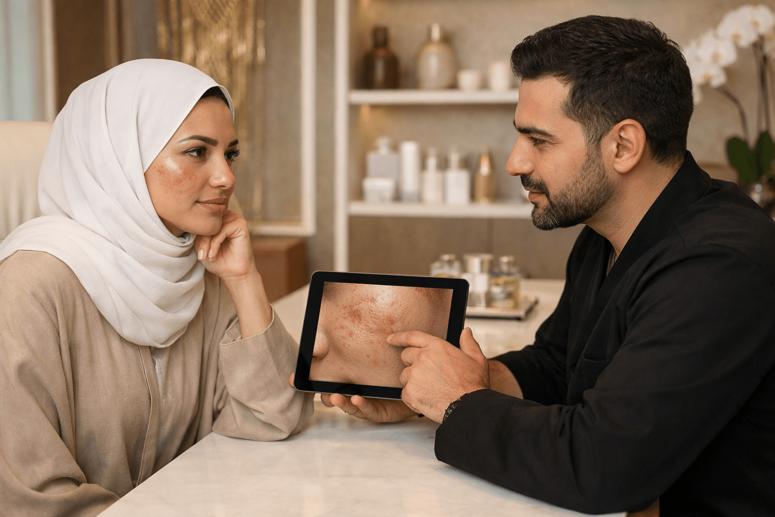 Female patient consulting dermatologist for melasma treatment in Riyadh