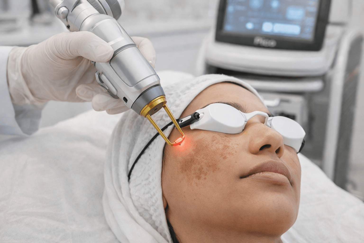Pico laser treating melasma pigmentation on face