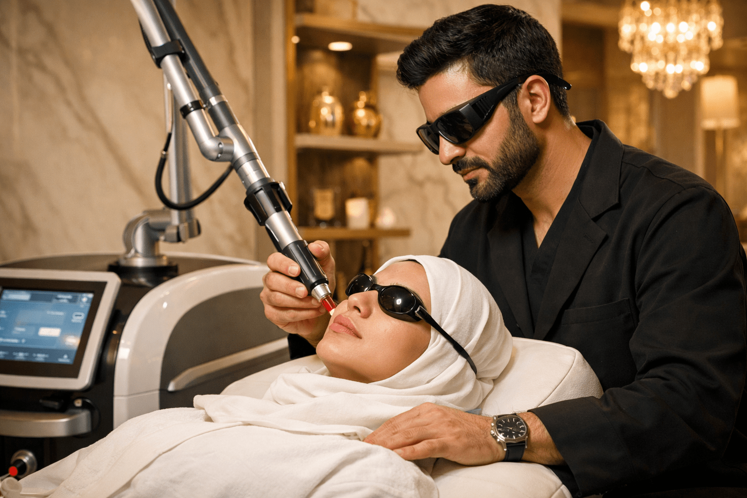 Patient receiving Pico laser treatment for pigmentation in Riyadh