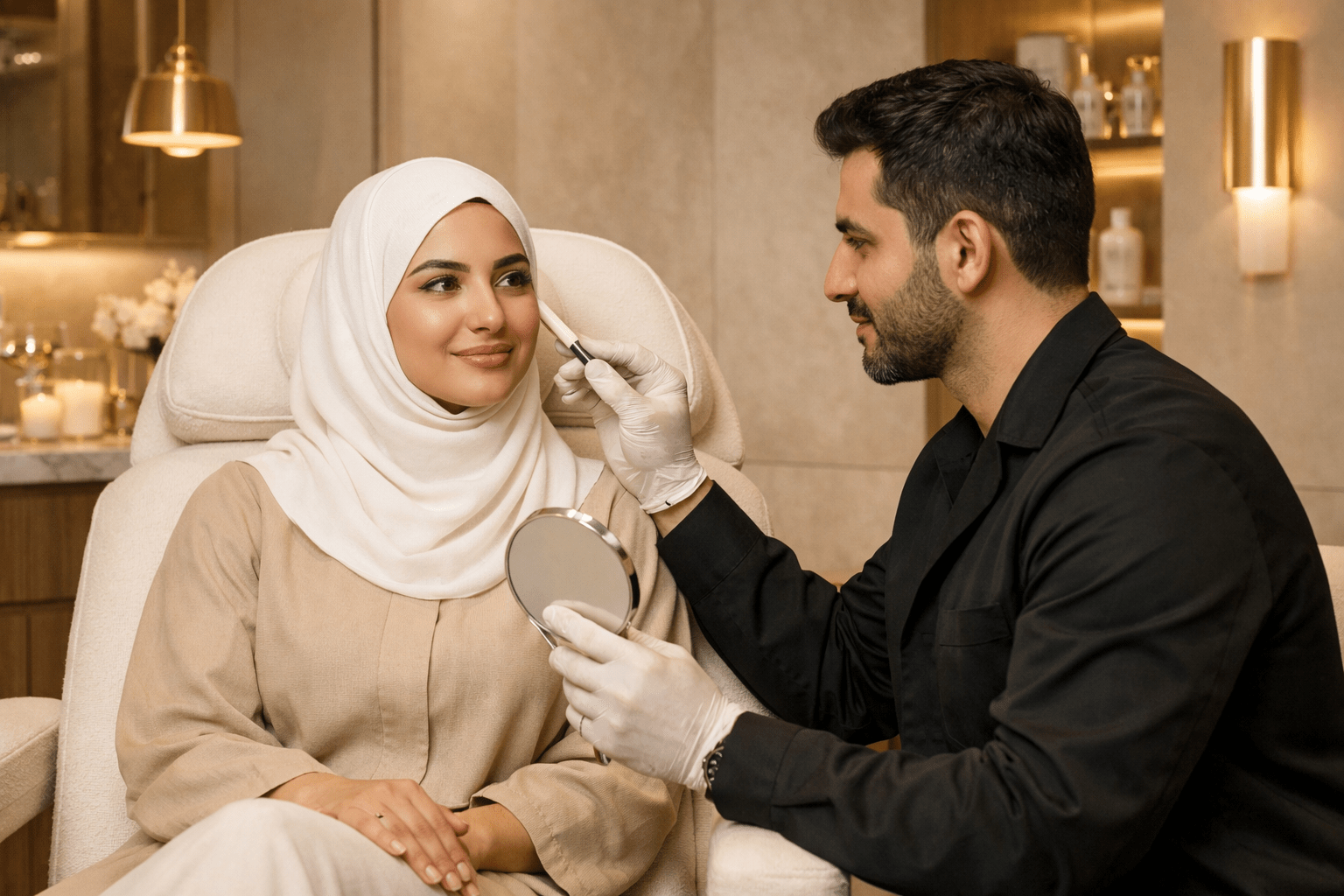 Female patient consulting dermatologist for skin booster treatment in Riyadh