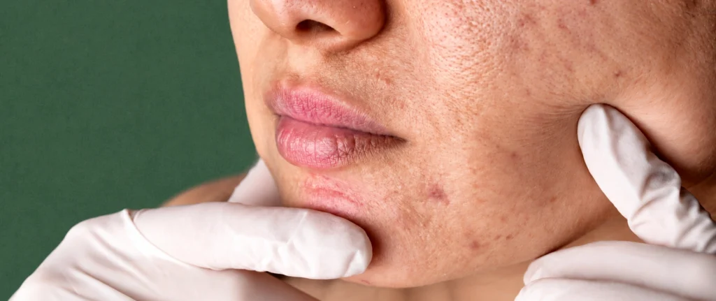 Dermatologist assessing acne scars and suitable treatment options in Riyadh